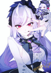 1girl \n/ absurdres ascot black_dress black_nails bow bowtie center_frills chibi dress eve_fcat frills gem hairband highres holding holding_umbrella long_hair mole mole_under_eye pointy_ears purple_ascot purple_bow purple_bowtie purple_gemstone purple_hair purple_hairband purple_umbrella red_eyes shrug_(clothing) sideboob_cutout umbrella vivian_banshee white_background white_shrug zenless_zone_zero