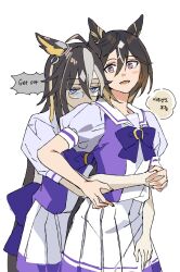 Rule 34 | 2girls, animal ears, arms around waist, behind another, black hair, blonde hair, blue eyes, bow, bowtie, brown hair, colored inner animal ears, colored speech bubble, commentary request, dream journey (umamusume), english text, frilled skirt, frills, front-to-back, glasses, gradient hair, heads together, highres, horse ears, horse girl, korean commentary, korean text, long hair, looking at viewer, mixed-language text, mogyus, multicolored hair, multiple girls, open mouth, own hands together, pleated skirt, protecting, puffy short sleeves, puffy sleeves, purple bow, purple bowtie, purple shirt, sailor collar, sailor shirt, school uniform, shirt, short sleeves, simple background, skirt, speech bubble, standing, stay gold (umamusume), summer uniform, tracen school uniform, umamusume, white background, white hair, white sailor collar, white skirt