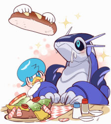 1boshi animated black_sclera blush bread cheese closed_mouth colored_sclera commentary_request disembodied_hand drooling food game_freak green_eyes holding holding_food lettuce looking_up miraidon nintendo pepper_shaker pokemon pokemon_(creature) quaxly saliva salt_shaker sliced_cheese sparkle table tagme tomato tomato_slice ugoira video