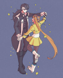 1boy 1girl ace_attorney artist_request athena_cykes bad_id bad_pixiv_id black_boots black_hair black_suit boots dancing formal_clothes holding_hands long_hair orange_hair pantyhose phoenix_wright:_ace_attorney_-_dual_destinies simon_blackquill skirt suit very_long_hair white_boots white_skirt