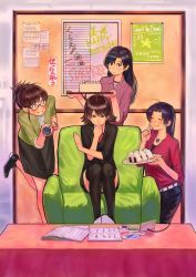 4girls ahoge akizuki_ritsuko antenna_hair awakened_miki black_legwear blue_hair blush breasts brown_eyes brown_hair bukimi_isan cake closed_eyes female_focus food glasses green_eyes hand_up happy_birthday head_rest highres hoshii_miki idolmaster idolmaster_(classic) kisaragi_chihaya leg_up long_hair miura_azusa multiple_girls onigiri panties party_favor short_hair sitting skirt small_breasts smile sweatdrop thighhighs tray underwear