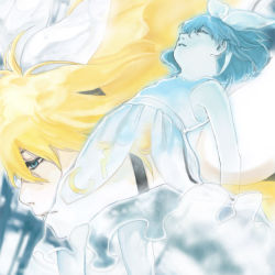 1girl binky_(knooa_03) blonde_hair blue_eyes child dress dual_persona closed_eyes hair_ribbon kagamine_rin kagamine_rin_(roshin_yuukai) knooa_03 meltdown ribbon roshin_yuukai_(vocaloid) sailor_dress thighhighs vocaloid zettai_ryouiki