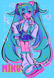 Rule 34 | 1girl, animal ears, blue necktie, blue skirt, blush, cat ears, character name, colorful, cyber fashion, detached sleeves, eighth note, fake animal ears, food-themed hair ornament, fortissimo, full body, gloves, hair ornament, hairclip, hands on own hips, hatsune miku, headset, heart, highres, leg warmers, lightning bolt symbol, long hair, looking at viewer, menma (enaic31), midriff peek, musical note, musical note hair ornament, necktie, open mouth, pink eyes, pleated skirt, shirt, skirt, solo, spring onion hair ornament, star (symbol), twintails, very long hair, vocaloid, white footwear, white gloves, white leg warmers, white shirt