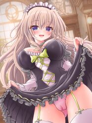 Rule 34 | 1girl, 9-nine-, :d, absurdres, black dress, blue eyes, blush, bow, breasts, brown hair, cameltoe, clothes lift, commentary request, cowboy shot, detached collar, dress, dress bow, dress lift, dutch angle, eyelashes, eyes visible through hair, floating hair, foreshortening, frilled dress, frilled sleeves, frills, from below, garter straps, gluteal fold, green bow, hair between eyes, highres, indoors, kujou miyako, large breasts, lifting own clothes, long hair, long sleeves, looking at viewer, maid, maid headdress, neck ribbon, nine ball maid uniform, nineball0211, official alternate costume, open mouth, panties, pink panties, pinky out, ribbon, smile, solo, thighhighs, underwear, very long hair, white sleeves, white thighhighs, yellow ribbon