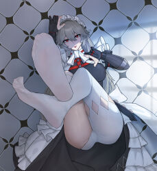 1girl :d absurdres alexandrina_sebastiane ass breasts crossed_ankles double-parted_bangs dress elbow_gloves eyelashes feet foot_focus foreshortening frills from_above full_body gloves grey_hair hair_between_eyes hair_intakes highres impossible_clothes impossible_dress large_breasts legs legs_up long_dress long_hair looking_at_viewer lying maid maid_headdress no_shoes on_back open_mouth panties panties_under_pantyhose pantyhose partially_fingerless_gloves red_eyes sa-baaa shadow single_leg_pantyhose single_sock skindentation smile socks soles solo thighs tile_floor tiles toe_seam toenails toes tongue tongue_out underwear very_long_hair white_pantyhose white_socks zenless_zone_zero