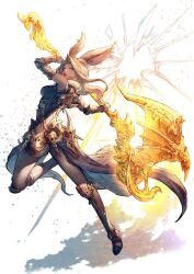 1girl animal_ears arm_up armor attack axe bare_shoulders battle_axe black_pantyhose blue_eyes breasts commentary crack dark-skinned_female dark_skin fighting_stance final_fantasy final_fantasy_xiv floating_hair full_body fur-trimmed_armor fur_trim gauntlets glowing glowing_weapon gold_trim greaves highres holding leg_up lipstick long_hair looking_to_the_side makeup medium_breasts open_mouth pantyhose poleyn rabbit_ears rabbit_girl shukei solo standing standing_on_one_leg symbol-only_commentary teeth twisted_torso two-handed upper_teeth_only viera waist_cape warrior_(final_fantasy) warrior_of_light_(ff14) weapon white_background white_hair
