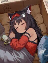 1girl absurdres animal_ears aowow bare_shoulders black_hair blush box cat_ears cat_girl character_request closed_eyes closed_mouth dark-skinned_female dark_skin detached_sleeves fish hairband highres in_box in_container long_hair lying nekomiya_mana on_side red_hairband red_shirt shirt sidelocks sleeping solo stuffed_animal stuffed_toy under_covers zenless_zone_zero