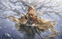 Rule 34 | 1girl, animal ears, arknights, black necktie, black pants, blonde hair, crossed bangs, degenbrecher (arknights), goat ears, goat girl, goat horns, green jacket, hair between eyes, helen zzhao, highres, holding, holding sword, holding weapon, horns, jacket, long hair, looking at viewer, necktie, orange eyes, orange shirt, pants, parted lips, shirt, solo, sword, weapon