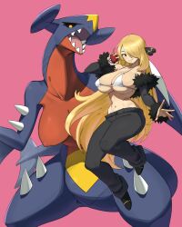 2girls adapted_costume alternate_breast_size bikini bikini_top_only black_pants blonde_hair breasts brown_eyes cleavage colored_sclera creatures_(company) cynthia_(pokemon) flowerpigeon fur-trimmed_sleeves fur_collar fur_trim furry furry_female game_freak garchomp gen_4_pokemon hair_ornament hair_over_one_eye highres holding huge_breasts large_breasts long_hair long_sleeves looking_at_viewer multiple_girls navel nintendo open_mouth pants pink_background poke_ball pokemon pokemon_dppt simple_background smile swimsuit teeth very_long_hair white_bikini yellow_eyes