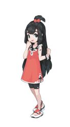 1girl 2023 absurdres black_eyes black_hair chinese_commentary commentary competition_swimsuit dress english_commentary finger_to_mouth furry furry_female hair_ornament hairband highres krita_(medium) long_hair looking_at_viewer mingzhu_the_spirit_shark_(human_form) one-piece_swimsuit open_mouth original raised_inner_eyebrows red_dress sandals short_dress signature simple_background smile spirit_animals_in_disguise sports_sandals standing straight_hair swimsuit swimsuit_under_clothes tareme teeth three_quarter_view tyson_tan wristband
