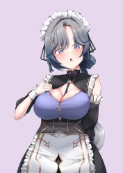 1girl absurdres apron asymmetrical_hair bare_shoulders black_corset black_dress black_ribbon black_sleeves bra breasts chinese_knot cleavage_cutout clothing_cutout corset detached_sleeves dress fishnet_gloves fishnets framed_breasts frilled_apron frills gloves grey_eyes grey_hair hair_intakes hair_ribbon hand_on_own_chest highres kisara_(nijisanji) large_breasts long_hair looking_at_viewer maid maid_headdress neko-suki_kenshuu_neko nijisanji parted_bangs plate purple_bra ribbon solo underwear virtual_youtuber white_apron wrist_cuffs
