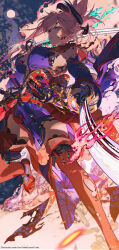 1girl absurdres asymmetrical_hair blue_eyes blush breasts dual_wielding earrings fate/samurai_remnant fate_(series) full_moon hair_ornament highres holding holding_sword holding_weapon japanese_clothes jewelry katana large_breasts long_hair looking_at_viewer miyamoto_musashi_(fate) moon open_mouth pink_hair ponytail solo swept_bangs sword thighhighs weapon z3zz4