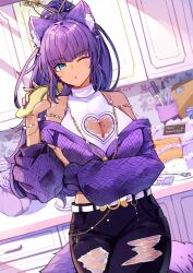Rule 34 | 0 sakana san, 1girl, animal ear fluff, animal ears, belt, black pants, blue eyes, breasts, cake, cat girl, cha cha (vtuber), cleavage, cleavage cutout, clothing cutout, commission, earrings, food, hair ornament, hair stick, heart cutout, holding, holding sandals, indie virtual youtuber, jewelry, kitchen, long hair, long sleeves, mole, mole on breast, mole under mouth, multiple moles, one eye closed, pants, purple nails, ring, sandals, shirt, sleeveless, sleeveless shirt, solo, torn clothes, torn pants, utensil, virtual youtuber, white belt