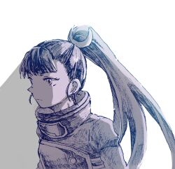 Rule 34 | 1girl, another eden, blue theme, closed mouth, commentary request, crescent, crescent hair ornament, earrings, from side, hair ornament, hatching (texture), high collar, high ponytail, jacket, jewelry, kikyo (another eden), linear hatching, long hair, looking ahead, michibata 65, monochrome, ponytail, shadow, simple background, solo, upper body, white background