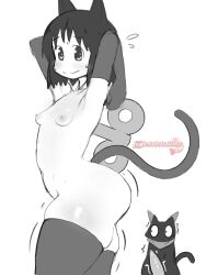 1girl animal_ears animal_penis arms_behind_head ass breasts cat cat_ears cat_penis closed_mouth elbow_gloves erection gloves greyscale kemonomimi_mode mad_mex monochrome motion_lines navel nichijou penis sakamoto_(nichijou) shinonome_nano short_hair sketch skindentation small_breasts solo_focus sweat tail thick_thighs thighhighs thighs watermark wavy_mouth wide-eyed winding_key
