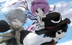 3girls :o ^_^ androgynous ascot bare_arms bare_shoulders black_coat black_eyes black_hair black_hat black_kimono black_shorts black_wings blue_sky blush_stickers brown_ascot brown_coat child closed_eyes cloud coat collared_coat collared_shirt commentary_request cowboy_shot day dot_nose dress energy_wings enraku_tsubakura eye_of_senri floating_clothes floating_hair flying grey_hair hands_on_another&#039;s_head happy hat highres houlen_yabusame japanese_clothes jinbei_(clothes) kimono kuroda_(kurota_ne) layered_sleeves len&#039;en long_sleeves looking_ahead multiple_girls neck_ribbon other_focus outdoors parted_bangs pink_eyes pink_hair puffy_sleeves red_ribbon ribbon ribbon-trimmed_collar ribbon_trim shion_(len&#039;en) shirt short_dress short_hair_with_long_locks short_over_long_sleeves short_sleeves shorts sky sleeveless sleeveless_coat sleeveless_dress sleeves_past_fingers sleeves_past_wrists smirk swept_bangs top_hat triangular_headpiece two-sided_fabric two-sided_headwear white_dress white_shirt wide_sleeves wind wings