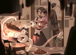 2boys 3girls aunt_and_niece baby benson_moretti black_dress black_hair black_jacket black_pants blurry blurry_foreground blush brown_eyes btt59 carrying_baby carrying_person child chinese_commentary commentary_request cooking dress family fire food highres holding holding_plate indoors jacket klein_moretti long_hair looking_at_object lord_of_the_mysteries lucy_brook machete melissa_moretti multiple_boys multiple_girls pants plate radish shaded_face siblings smile tentacles uncle_and_niece waffle wok