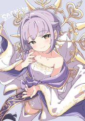 Rule 34 | 1girl, bare shoulders, brown eyes, character name, closed mouth, collarbone, dress, flat chest, hair flaps, hair intakes, idolmaster, idolmaster cinderella girls, jacket, koshimizu sachiko, kuresuku (lessons), long sleeves, looking at viewer, purple background, purple hair, short hair, smile, solo, strapless, strapless dress, thighhighs, white dress, white jacket, white thighhighs, wide sleeves