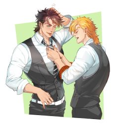 2boys :p az_(kroneko007) battle_tendency black_hair blonde_hair blue_eyes brown_hair caesar_anthonio_zeppeli dressing_another closed_eyes facial_mark fingerless_gloves formal_clothes gloves green_eyes headband jojo_no_kimyou_na_bouken joseph_joestar joseph_joestar_(young) male_focus mullet multiple_boys necktie one_eye_closed striped_necktie tongue tongue_out vest waistcoat