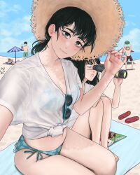 Rule 34 | 2boys, 3girls, absurdres, beach, bikini, bikini under clothes, binoculars, black eyes, black hair, blonde hair, blue bikini, breasts, bucky (chainsaw man), chainsaw man, cleavage, denji (chainsaw man), dismaiden, food, fruit, hat, hayakawa aki, highres, holding, holding binoculars, holding food, holding ice cream, ice cream, long hair, medium breasts, mitaka asa, multiple boys, multiple girls, ocean, ponytail, quanxi (chainsaw man), sand, sandals, scar, scar on face, scar on nose, selfie, shirt, side-tie bikini bottom, sun hat, sunglasses, swimsuit, tied shirt, watermelon, white shirt, yoru (chainsaw man)