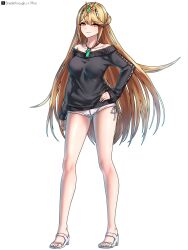1girl alternate_costume bare_shoulders black_sweater blonde_hair breasts chest_jewel core_crystal_(xenoblade) full_body highres large_breasts long_hair looking_at_viewer mythra_(xenoblade) off-shoulder_sweater off_shoulder riro_(breakthrough_rr) shorts simple_background smile solo sweater tiara white_background white_shorts xenoblade_chronicles_(series) xenoblade_chronicles_2 yellow_eyes