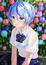 1girl absurdres blue_bra blue_eyes blue_flower blurry blurry_background bow bowtie bra bra_visible_through_clothes closed_mouth collared_shirt commentary_request flower highres lips multicolored_hair original plaid_clothes plaid_skirt purple_bow purple_bowtie purple_flower purple_hair purple_skirt rain red_flower rissenka shirt short_hair skirt smile solo streaked_hair underwear wet wet_clothes wet_shirt white_shirt