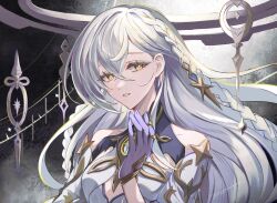 1girl bare_shoulders braid breasts bright_pupils cleavage_cutout clothing_cutout colored_extremities detached_sleeves dress genshin_impact hair_between_eyes hair_ornament halo highres istaroth_(genshin_impact) jewelry long_hair looking_at_viewer purple_hands small_breasts solo star_(symbol) upper_body very_long_hair white_dress white_hair white_pupils yellow_eyes yugonm222