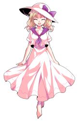 1girl ^_^ arms_at_sides barefoot bow breasts closed_eyes collarbone commentary_request dairi floating_clothes full_body happy hat hat_bow highres large_variant_set long_hair long_skirt looking_at_viewer louise_(touhou) low_twintails medium_breasts neckerchief open_mouth orange_hair pink_hat pink_shirt pink_skirt purple_bow purple_neckerchief shirt short_sleeves simple_background skirt smile solo standing straight-on sun_hat tachi-e touhou touhou_(pc-98) transparent_background twintails variant_set wispy_bangs