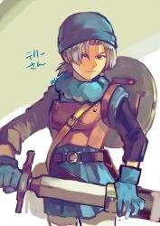 Rule 34 | 1boy, armor, bag, belt, black belt, black sleeves, blue eyes, blue gloves, blue hat, blue tunic, breastplate, brown armor, closed mouth, commentary request, cowboy shot, dragon quest, dragon quest vi, gloves, hat, holding, holding sheath, holding sword, holding weapon, looking at viewer, looking to the side, male focus, pants, parted bangs, satounu, sheath, shield, shoulder bag, simple background, smile, solo, sword, terry (dq6), tunic, unsheathing, weapon, white hair, white pants