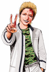 1boy black_eyes bleeding blonde_hair blood blood_from_forehead blood_on_face blood_on_hands camouflage camouflage_shirt character_request copyright_request cowboy_shot delinquent gold_necklace green_shirt grin half-closed_eyes hand_in_pocket highres jacket jewelry looking_at_viewer male_focus multicolored_hair necklace open_clothes open_jacket pants pompadour roots_(hair) shirt short_hair simple_background smile solo standing v white_background white_jacket white_pants wymaaa