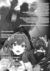 2girls 3boys @_@ absurdres animal_ears baguette_man bikini breasts cat_ears cat_girl closed_mouth collar crossed_arms english_text faceless faceless_male fang frown goddess_of_victory:_nikke hair_intakes highres hypnosis_app large_breasts long_hair maid_headdress mask mast_(nikke) mast_(romantic_maid)_(nikke) mind_control monochrome mouth_mask multiple_boys multiple_girls nervous_sweating open_mouth paid_reward_available simple_background sin_(backstreet_dream)_(nikke) sin_(nikke) skin_fang spiked_collar spikes standing sweat swimsuit worried