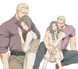Rule 34 | 1boy, 1girl, belt, black belt, black hair, black pants, blonde hair, brown belt, brown pants, closed eyes, closed mouth, collared shirt, couple, dress, hetero, hug, jack krauser, large pectorals, long hair, manuela hidalgo, muscular, muscular male, open mouth, pants, pectorals, red shirt, resident evil, resident evil: the darkside chronicles, shirt, short hair, simple background, smile, tatsumi (psmhbpiuczn), white background, white dress