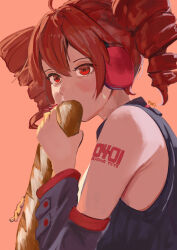 1girl ahoge armpit_crease baguette black_shirt black_sleeves bread breasts detached_sleeves drill_hair eating food from_side hair_between_eyes headphones highres kasane_teto kasane_teto_(utau) looking_at_viewer looking_to_the_side number_tattoo red_background red_eyes red_hair red_tattoo rurikon shirt shoulder_tattoo sleeveless sleeveless_shirt solo sweatdrop tattoo twin_drills upper_body utau