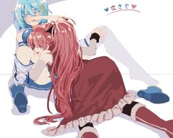 2girls bcarr116 black_boots black_thighhighs blue_boots blue_eyes blue_hair blush boots couple detached_sleeves dress fortissimo frilled_dress frills hair_ornament kiss long_hair loose_thighhigh mahou_shoujo_madoka_magica mahou_shoujo_madoka_magica_(anime) miki_sayaka miki_sayaka_(magical_girl) multiple_girls musical_note musical_note_hair_ornament one_eye_closed ponytail red_dress red_hair sakura_kyoko sakura_kyoko_(magical_girl) shoe_soles shoes short_hair sitting sleeveless sleeveless_dress spread_legs thighhighs tongue tongue_out unworn_shoes white_thighhighs yuri