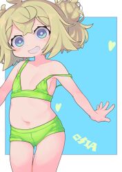 Rule 34 | 1girl, absurdres, ahoge, bikini, blonde hair, blue background, blue eyes, border, collarbone, diamond-shaped pupils, diamond (shape), double bun, flat chest, green bikini, grin, hair bun, highres, navel, original, parted lips, rosia san, short hair, smile, solo, strap slip, swimsuit, symbol-shaped pupils, teeth, variant set, white border