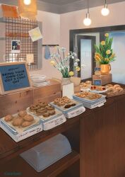 absurdres bagel bakery ceiling_light chocolate_chip_cookie clipboard commentary cookie cup door flower food gluesalt highres indoors kettle muffin no_humans original photo_(object) plant plate potted_plant shop sticky_note symbol-only_commentary teacup tray vase white_flower yellow_flower