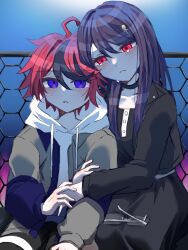 ahoge black_dress black_hair black_jacket blue_eyes blush collar crying crying_with_eyes_open drawstring dress glasses hair_between_eyes hood hoodie jacket long_hair long_sleeves looking_at_viewer messy_hair moonlight night night_sky purple_hair red_eyes red_hair shizuhara_hiruko sky sumino_takumi tears the_hundred_line_-last_defense_academy- unworn_eyewear white_hoodie