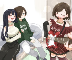 1boy 2girls arm_hug bare_shoulders black_hair black_skirt blush boku_no_kokoro_no_yabai_yatsu breasts cleavage_cutout closed_eyes closed_mouth clothing_cutout earrings electric_guitar green_hoodie guitar hair_over_one_eye hetero highres holding_another&#039;s_arm hood hoodie ichikawa_kana ichikawa_kyoutarou indoors instrument jewelry large_breasts lens_flare long_hair long_skirt long_sleeves multiple_girls music necklace off-shoulder_shirt off_shoulder open_mouth pants paso plaid_clothes plaid_skirt pleated_skirt red_shirt red_skirt red_thighhighs ringed_eyes shirt short_hair shoulder_cutout signature singing sitting skirt small_breasts smile standing sweater thighhighs upper_body white_pants white_sweater yamada_anna zipper_skirt
