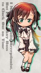 1girl alina_clover asymmetrical_hair bow bowtie braid breasts brown_bow brown_bowtie brown_hair brown_ribbon brown_skirt commentary_request copyright_name drop_shadow english_text eyelashes gotthi green_eyes guild_no_uketsukejou_desu_ga_zangyou_wa_iya_nanode_boss_wo_solo_toubatsu_shiyou_to_omoimasu hair_ribbon highres jewelry knees_together_feet_apart long_hair long_sleeves looking_at_viewer medium_breasts pigeon-toed ribbon shirt side_braid single_braid skirt smile solo suspenders white_shirt