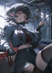 1girl absurdres animal_ear_piercing animal_ears belt black_belt black_gloves black_hair black_necktie black_shorts black_thighhighs box breasts cardboard_box ceiling_light clock commentary cropped_jacket day fingerless_gloves fingernails fur-trimmed_jacket fur_trim gloves green_eyes green_jacket grin high-waist_shorts highres indoors jacket jane_doe_(zenless_zone_zero) knee_up large_breasts locker long_fingernails long_hair long_sleeves long_tail looking_at_viewer midriff mmlyno mouse_ears mouse_girl mouse_tail nail_polish necktie pantyhose red_hair red_nails shorts single_leg_pantyhose single_thighhigh sitting smile solo tail thighhighs torn_clothes torn_pantyhose very_long_hair wall_clock window zenless_zone_zero
