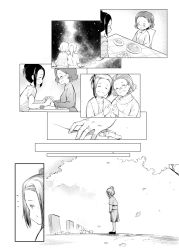 2girls age_progression braid comic french_braid garun_wattanawessako glasses grave greyscale highres jewelry monochrome multiple_girls old old_woman aged_up original ornate_ring ring tombstone wedding_ring yuri