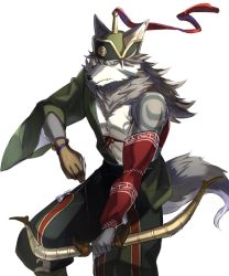 1boy animal_ears asutarou beige_fur bow_(weapon) drawing_bow facial_hair fang feet_out_of_frame fighting_stance furry furry_male goatee green_kimono hadanugi_dousa hair_between_eyes holding holding_bow_(weapon) holding_weapon japanese_clothes kimono long_hair looking_at_viewer male_focus mature_male open_clothes open_kimono single_bare_shoulder solo temujin_(housamo) tokyo_houkago_summoners toned toned_male tusks weapon wolf_boy wolf_ears