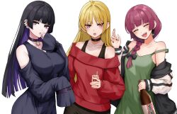 Rule 34 | 3girls, black bra, black hair, black jacket, black nails, black skirt, blonde hair, blue dress, blue eyes, bocchi the rock!, bottle, bra, dress, green dress, highres, hiroi kikuri, holding, holding bottle, ijichi seika, jacket, kushinaka, long sleeves, looking at viewer, multiple girls, pa-san, purple hair, red shirt, sake bottle, shirt, skirt, sleeveless, sleeveless dress, sleeves past fingers, sleeves past wrists, underwear, white background
