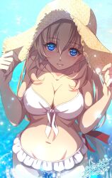 agnes_claudel bikini blonde_hair blue_eyes blush bow breasts cleavage dated double-parted_bangs eiyuu_densetsu frilled_bikini frills from_above front-tie_bikini_top front-tie_top hair_bow hands_on_headwear hands_up hat highres kai_no_kiseki kuro_no_kiseki_(series) large_breasts long_hair looking_at_viewer looking_up official_alternate_costume pulling_own_clothes red_bow signature smile straw_hat swimsuit teeth tinybiard very_long_hair white_bikini