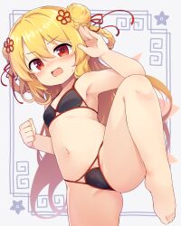 1girl alternate_costume alternate_hairstyle armpits baku-p barefoot bikini black_bikini blonde_hair blush braid cameltoe clenched_hand double-parted_bangs double_bun fairy_wings fighting_stance grey_background hair_between_eyes hair_bun hair_ribbon highres lily_white loli looking_at_viewer navel open_mouth red_eyes red_ribbon ribbon solo standing standing_on_one_leg stomach swimsuit touhou wings