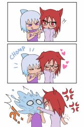 1boy 1girl ?!? anger_vein angry animal_ears biting_another&#039;s_arm blood blood_spray blue_streaks blush cat_ears comic fang fang_out hand_on_own_face happy heart highres hoozuki_suigetsu karin_(naruto) naruto_(series) naruto_shippuuden open_mouth punching purple_eyes purple_shirt red_eyes red_hair shark_fin shirt sound_effects spoken_sound_effect suika_suigetsu tongue tongue_out white_background white_hair wide-eyed