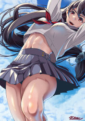 1girl abs absurdres arms_up bare_legs black_hair blue_sailor_collar blue_scrunchie blue_skirt blue_sky bra bra_peek breasts cloud cloudy_sky commentary_request cropped_shirt feet_out_of_frame final_fantasy final_fantasy_vii final_fantasy_vii_ever_crisis from_below hair_ornament hair_scrunchie highres kanaex001 long_hair looking_at_viewer low-tied_long_hair medium_breasts midriff miniskirt navel neckerchief official_alternate_costume open_mouth outdoors pink_bra pleated_skirt red_eyes red_neckerchief sailor_collar school_uniform scrunchie serafuku shirt signature skirt sky solo thighs tifa_lockhart tifa_lockhart_(midgard_seventh_high_school) underwear very_long_hair white_serafuku white_shirt