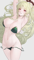 1girl absurdres armpits arms_up azur_lane breasts flower green_hair green_panties grey_background hair_intakes highres large_breasts long_hair looking_at_viewer lying napoli_(azur_lane) navel on_back panties parted_lips red_eyes simple_background solo stomach underwear user_tema8258 very_long_hair white_flower