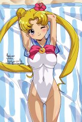 1girl absurdres adapted_costume armpits arms_behind_head beach bishoujo_senshi_sailor_moon blonde_hair blue_eyes blue_sailor_collar breasts covered_navel double_bun female_focus gluteal_fold hair_bun highres leotard long_hair nanaeljustice one-piece_swimsuit one_eye_closed parted_bangs sailor_collar sailor_moon sailor_senshi_uniform smile solo swimsuit tsukino_usagi twintails very_long_hair white_leotard