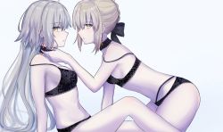 2girls artoria_pendragon_(fate) ass black_bra black_panties black_ribbon blush bra braid breasts choker earrings fate/grand_order fate/stay_night fate_(series) grey_hair hair_ribbon highres jeanne_d&#039;arc_(fate) jeanne_d&#039;arc_alter_(avenger)_(fate) jeanne_d&#039;arc_alter_(fate) jewelry long_hair looking_at_viewer multiple_girls navel pale_skin panties ribbon saber_alter saber_alter_(swimsuit_rider) sii_artatm sitting strap_slip underwear underwear_only yellow_eyes